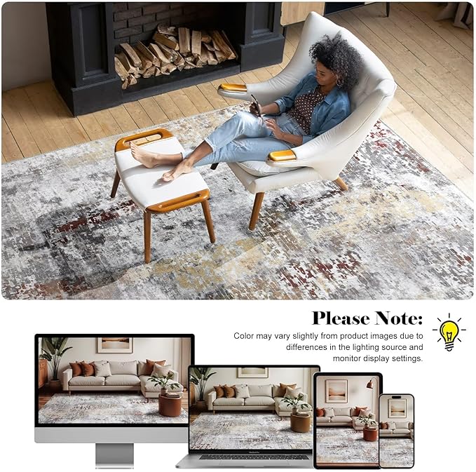 Washable Abstract Runner Rug, 2x6 Modern Area Rugs with Non-Slip Rubber Backed for Kitchen, Thin but Soft Contemporary Carpet Bedroom Entryway Hallway Decor, Rusty Brown