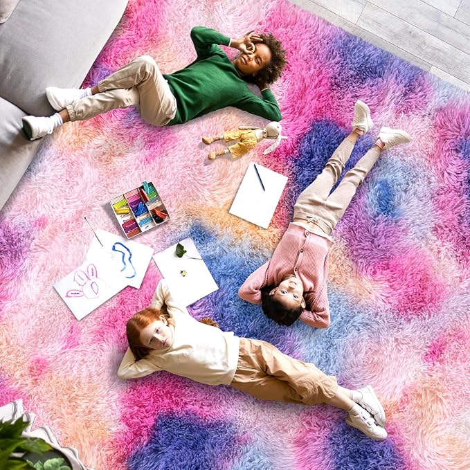 6x9 for Living Room Rugs, Plush Thick Carpets for Boy and Girls Room, Modern Soft Shag Area Rugs for Bedroom, Non Slip, Large Indoor Carpet for Nursery Dorms Home Decor Aesthetic, Rainbow
