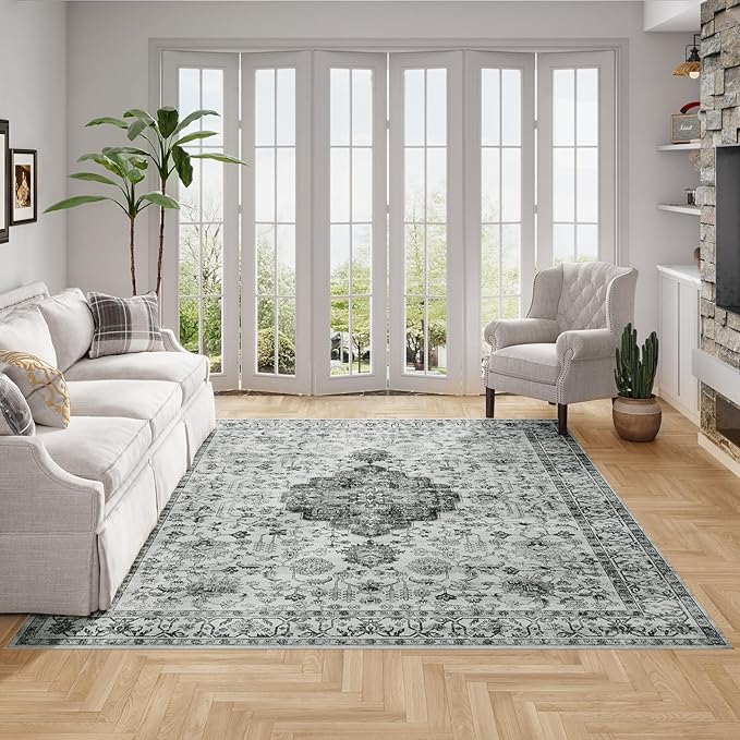Dripex 8x10 Area Rugs, Machine Washable Non Slip Distressed Boho Rugs,Large Area Rug for Bedroom Aesthetic, No Pile Lightweight Vintage Rug, Carpet for Living Room Dining Room Apartment Den,Grey