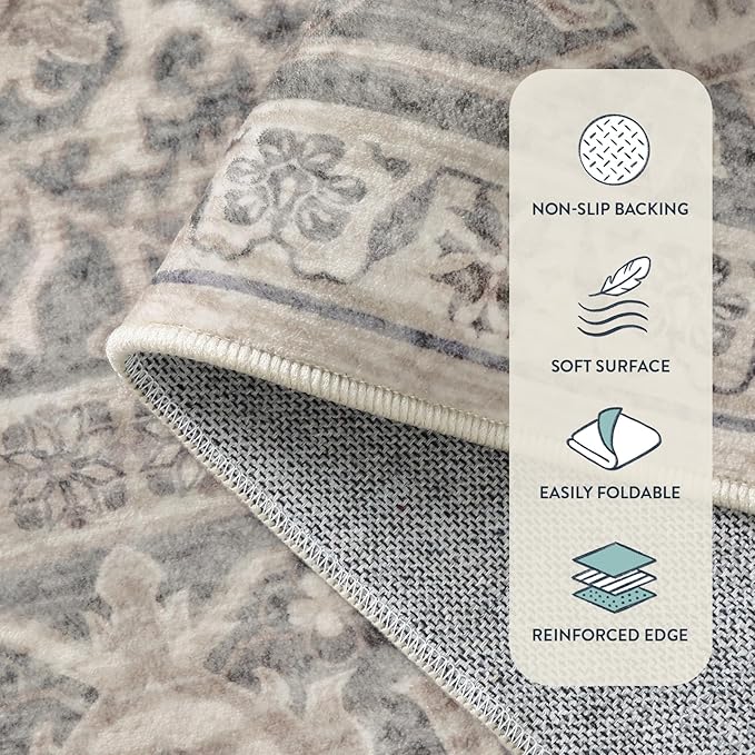 Lahome Oriental Kitchen Runner Rug, 2x6 Washable Rug Runners for Hallway 6 Feet Non Slip, Vintage Soft Long Carpet for Laundry Room Bedside Entryway, Grey/Brown