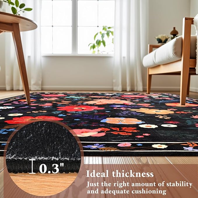 2.5x8 Floral Runner Rug, Flowers Printed Washable Rugs with Non Slip Backing for Girls Bedroom Kitchen Hallway,Cute Carpet Runners Home Aesthetic Decor, Black