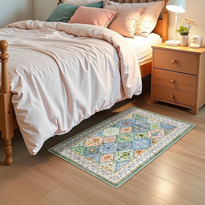 2x3 Small Washable Area Rug for Entryway, Green Boho Non-Slip Indoor Kitchen Rugs, Moroccan Floral Trellis Carpet Soft Low Pile Vintage Throw Mat for Bedroom Bathroom Front Door