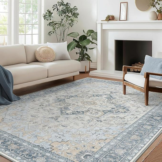 Area Rug 9x12 Machine Washable Vintage Distressed Print Blue Floral Medallion Accent Bedroom Living Room Hallway Entryway Throw Rug, Ultra-Thin Lightweight Non Slip with Gripper