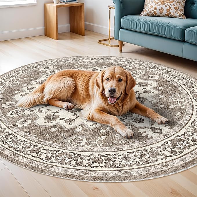 Washable Oriental Area Rug - 9ft Round Rugs for Living Room Soft Carpet for Bedroom Waterproof Floral Distressed Indoor Stain Resistant Non-Shedding Floor Carpets (Beige, 9ft-Round)