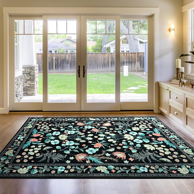 Area Rugs for Living Room, Non-Slip 4x6 Washable Rug for Bedroom,Vintage Floral Carpet for Entryway Office Kitchen Dining Room, Black