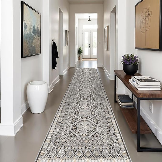 3x14 Runner Rug Kitchen Washable: Oriental Indoor Hallway Runners with Non Slip Backing Floor Mat for Entryway Door Low Pile Thin Carpet for Bedroom Bathroom Living Room Bedside Black