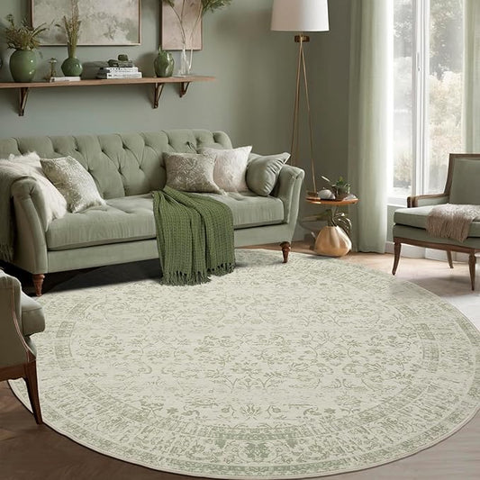 Vintage Rug Indoor Floor Cover Floral Print Blush Sage Green Circle Rug 8' Round Kitchen Living Room Bedroom Dining Room
