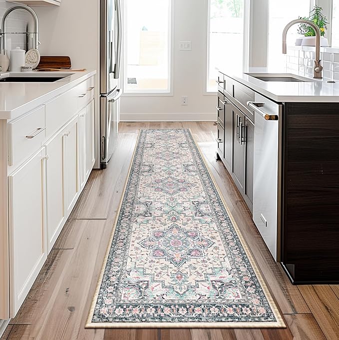 BESTSWEETIE 2x10 Area Rugs for Living Room, Washable Ultra Soft Boho Vintage Print Pattern Rug Non Slip Low Pile Carpet for Dining Room Bedroom Entryway Indoor-Multi/Blue/Beige/Pink