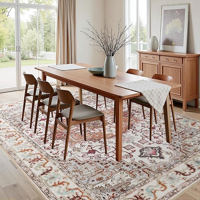 Washable Area Rugs 5x7, Beige Vintage Rugs-Low Pile Carpet, Non-Slip Distressed Printed Patterns Rugs for Bedroom, Living Room, Dining Room, Beige