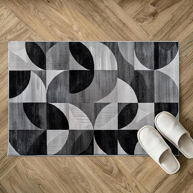 2x3 Area Rugs for Living Room Machine Washable Geometric Boho Rug Non Slip Printed Black and Grey Rug Carpet Friendly Modern Rug for Bathroom Bedroom Dining Room Kitchen