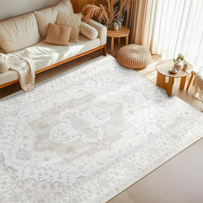 Washable 5x7 Area Rugs, Rugs for Living Room, Low-Pile Water&Stain Resistant Carpet Vintage Distressed Printed Non-Slip Carpet for Bedroom Bathroom Kitchen-Ivory