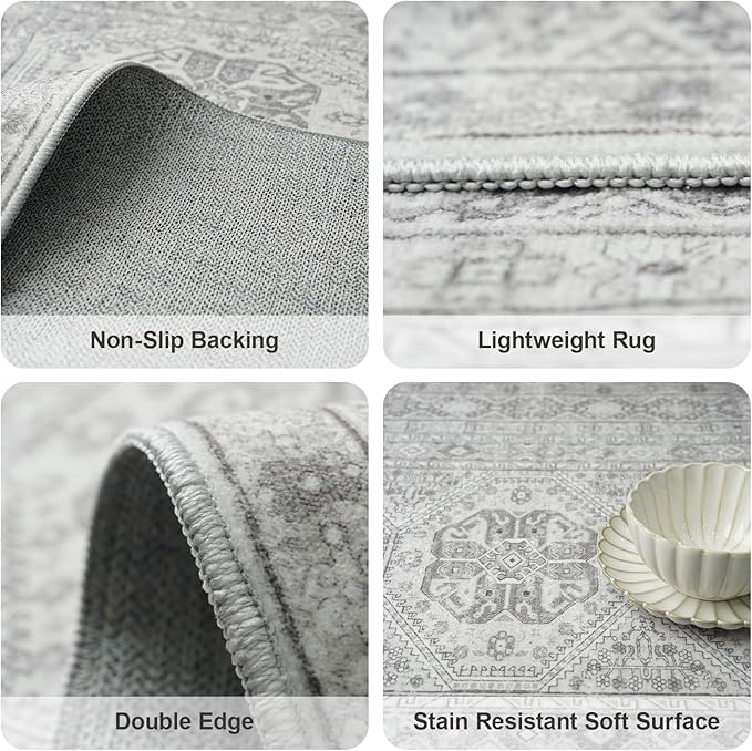 Washable Area Rug Non Slip - 2x3 Small Kitchen Boho Rug Vintage Entryway Low Pile Carpet for Doormat Grey