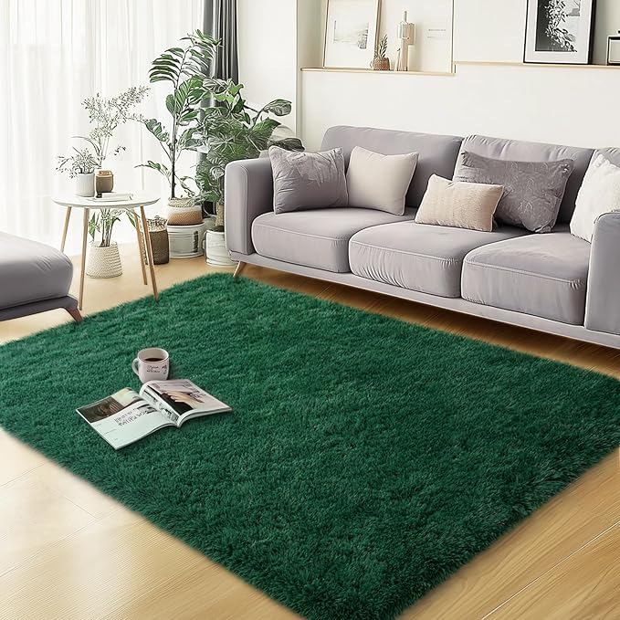 3x5 Area Rugs for Bedroom, Fluffy Soft Shag Rugs for Living Room, Small Fuzzy Plush Shaggy Carpets for Boys and Girls Dorm Room Home Decor Room Home Decor (3ft x 5ft, Dark Green)