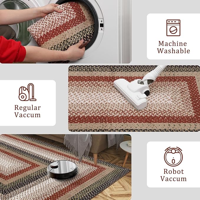 Imitation Braided Collection-Print Washable Area Rugs 10x13 Living Room Rug Modern Bedroom Rug Farmhouse Soft Large Area Rug Non Slip Throw Rugs Stain Resistant Carpet for Nursery Dining Room