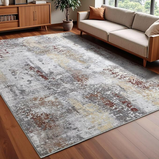 Washable Abstract Rug, 5x7 Modern Area Rugs with Non-Slip Rubber Backed for Living Room, Thin but Soft Contemporary Carpet Kitchen Bedroom Dining Room Decor, Rusty Brown