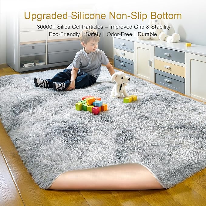 Thick Area Rug 5x7 Light Grey Fluffy Shag for Bedroom, Ultra Soft Plush Fuzzy Washable Thickened Non Slip Carpet, Cozy Furry Shaggy Rug for Living Room Kids Nursery Dorm Room, Tie-Dye Gray