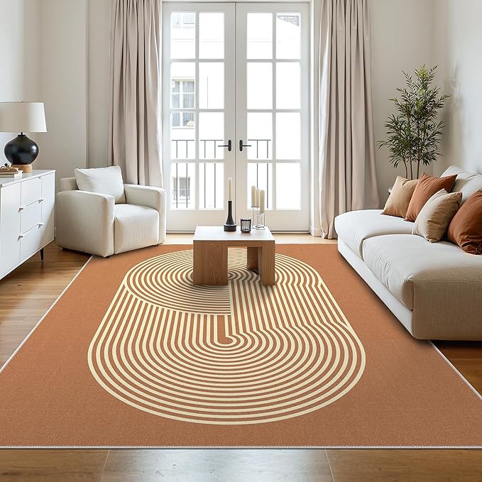 Bavni Area Rugs 8x10, Modern Soft Bedroom Rug, Machine Washable Rug Non Slip, Abstract Low Pile Large Rugs for Living Room, Dining Room, Orange Beige Lines
