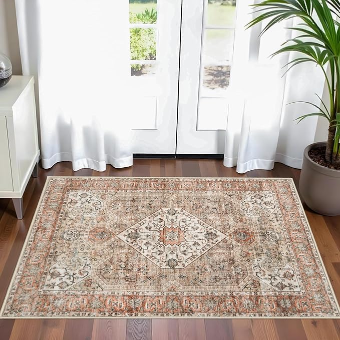Washable 2x3 Entryway Area Rug: Vintage Non-Slip Backing Rugs for Kitchen Bathroom Water Resistant Carpet for Bedroom Soft Low Pile Front Door Mat for Dining Room 2x3 Orange/Brown