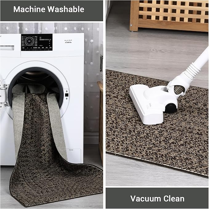 Washable Area Rugs 5x7 Rug for Living Room Braided Print Non Slip Modern Soft Bedroom Rug Farmhouse Throw Rugs Contemporary Stain Resistant Carpet for Dining Room 5'x7' Black/Brown