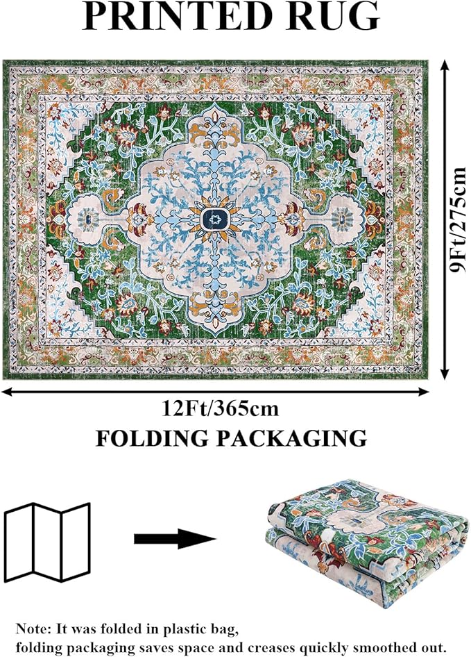 U'Artlines Boho Vintage Area Rug 9x12 Machine Washable Low Pile Soft Floor Carpet Non Slip Non Shedding Accent Rug for Living Room Bedroom Entryway Dining Room Office Green