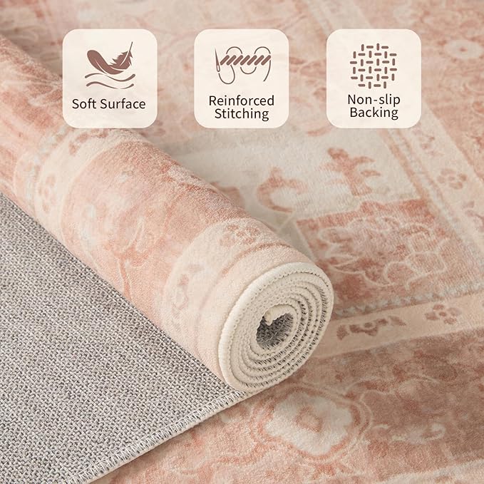4x6 Washable Area Rug for Living Room, Vintage Boho Rugs for Office, Dining Room, Kids Room, Farmhouse, Durable Low Pile Non Slip Carpet for High Traffic Areas, Orange