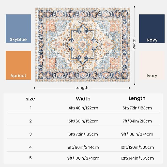 Washable Area Rugs 9x12 Living Room Boho Non Slip Thin Carpet Stain Resistant Vintage Multicolor Printed Oriental Foldable Distressed Rug for Bedroom Indoor House
