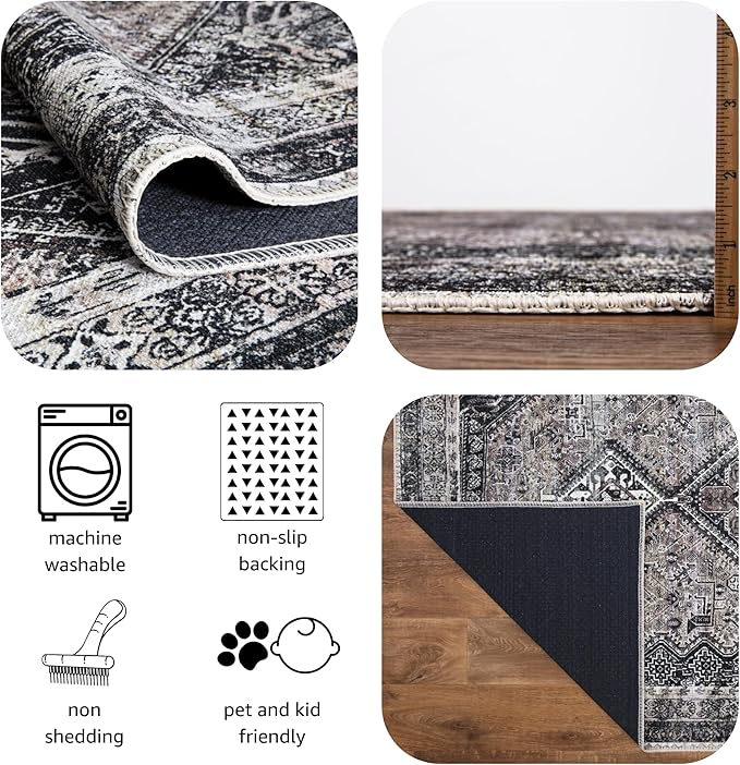 Keen Home Design Machine Washable Area Rugs with Non-Slip Backing, Ideal for Hallway, Living Room, Bedroom, Kitchen and Laundry Room, Vintage Moroccan and Low Pile Rug - (2'6'' x 10'), Black