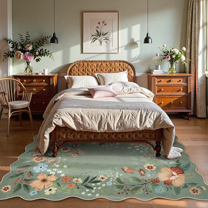 Beeiva Green Area Rug 5x7, Ultra Thin Low Pile Dining Room Rugs for Under Table, Floral Washable Large Carpet for Living Room, Playroom, Office - Green