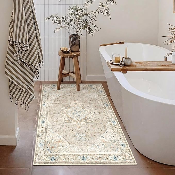 2x3 Small Rugs Beige Boho Rug for Entryway Bathroom Bedroom Kitchen Vintage Soft Throw Rug Low Pile Non Slip Washable Floor Carpet
