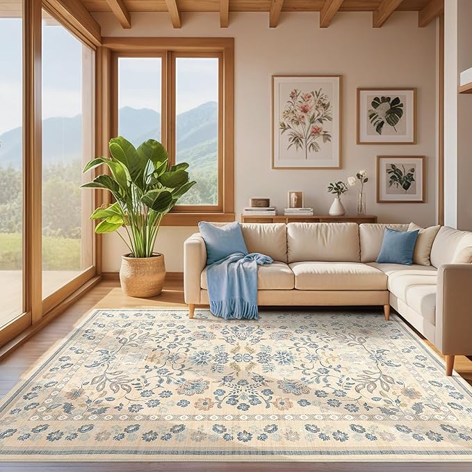 10x14 Area Rug Living Room Rugs - Washable Boho Vintage Floral Large Soft Non Slip Thin Rug Low Pile Carpet for Bedroom Dining Room Kids Playroom Office Decor Indoor- Multi Color