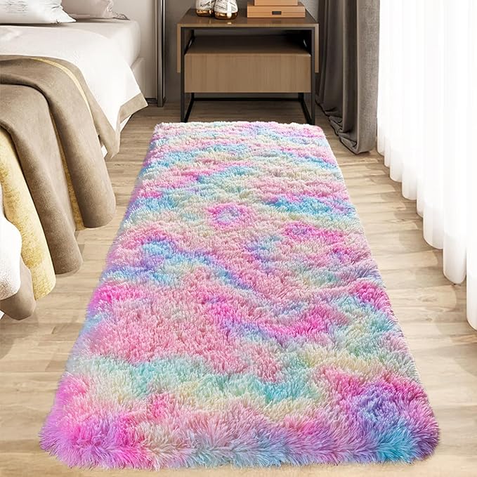 Zentavio Bedside Rugs for Girls Room 2x6 Runner Rugs for Hallway Bedroom Non Slip Fluffy Soft Shaggy Carpet for Kids Home Decor Aesthetic Dorm Nursery Rainbow