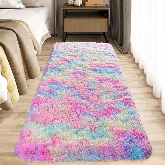 Zentavio Bedside Rugs for Girls Room 2x6 Runner Rugs for Hallway Bedroom Non Slip Fluffy Soft Shaggy Carpet for Kids Home Decor Aesthetic Dorm Nursery Rainbow