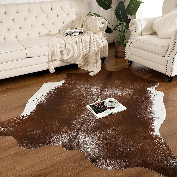 AROGAN 6×7.2 Feet Western Decor Faux Fur Cowhide Rug, Feet Premium Animal Skin Cow Hide Rug, Sturdy Cow Print Rugs for Wall Decor, Western Floor Carpet for Bedroom Living Room, Dark Brown