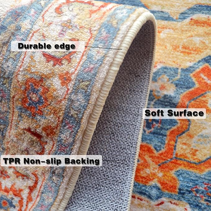 Yancorp 3'x5' Boho Area Rug for Bedroom Non Slip Washable Rug Vintage Carpet Living Room Non-Shedding Indoor Floor Mats Bedroom Kitchen Entryway Rugs-Rectangular Blue Red