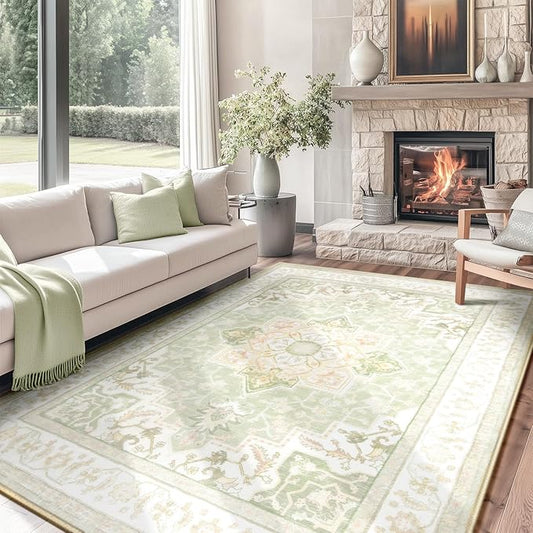 BESTSWEETIE 9x12 Area Rugs for Living Room, Washable Ultra Soft Boho Vintage Print Pattern Rug Non Slip Low Pile Carpet for Dining Room Bedroom Entryway Indoor-Light Green