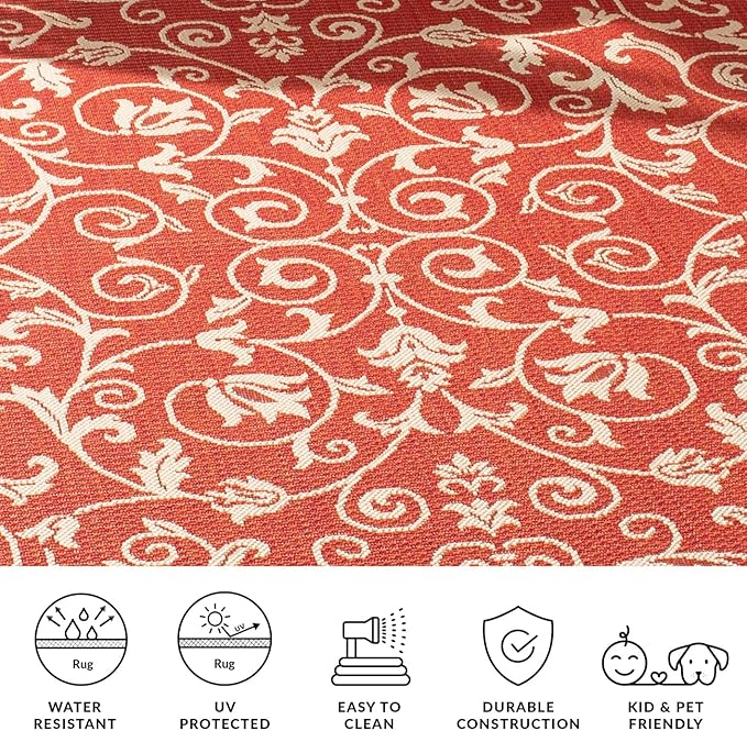SAFAVIEH Courtyard Collection 5'3" x 7'7" Red / Natural CY2098 Scroll Indoor/ Outdoor Splashproof Easy Scrubbing Patio Backyard Mudroom Area Rug