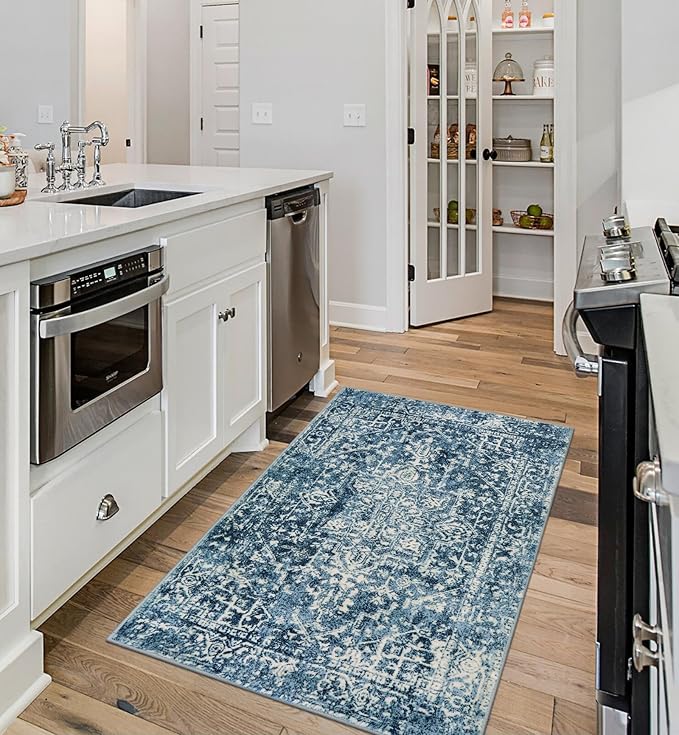 Morebes Vintage 3x5 Living Room Rugs, Blue Washable Bathroom Rug Stain Resistant Non Slip Rug, Soft Non-Shedding Low PileIndoor Carpet for Bedroom Kitchen Entryway