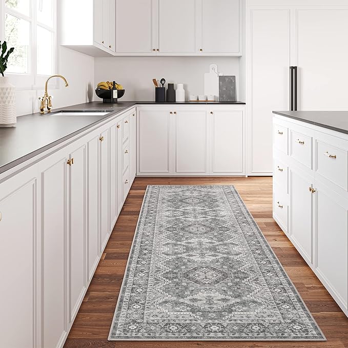 Rugland 2'6x8' Runner Rug - Stain Resistant Entryway Rug, Anti Slip Backing Hallway Runner, Vintage Tribal Area Rugs (TPR07-Grey, 2'6x8')