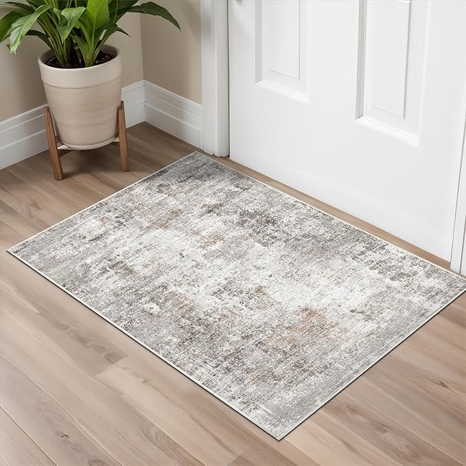 2x3 Washable Non-Slip Area Rug - Soft Low Pile Throw Rug for Kitchen Entryway Bedroom - Modern Indoor Door Mat with Rubber Backing,Beige/Grey