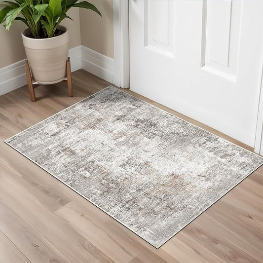 2x3 Washable Non-Slip Area Rug - Soft Low Pile Throw Rug for Kitchen Entryway Bedroom - Modern Indoor Door Mat with Rubber Backing,Beige/Grey