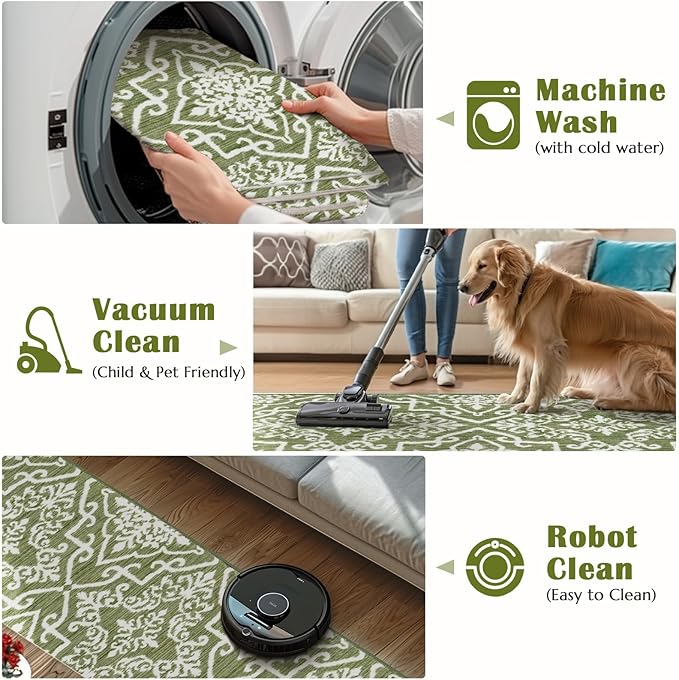 jinchan Boho Runner Rug 2x5 Moroccan Washable Rug Hallway Indoor Floor Accent Carpet Floral Tile Print Mat Soft Thin Runner Non Slip Carpet for Kitchen Bedroom Bathroom Laundry Room Decor Green