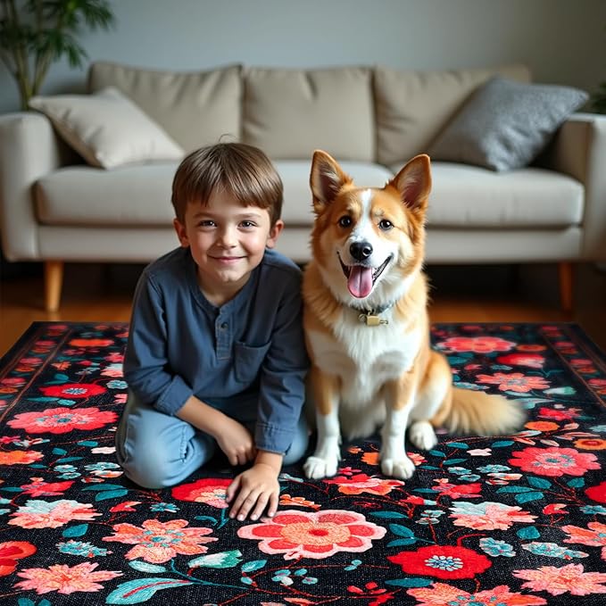Area Rugs for Living Room6x8 Non-Slip Carpet Washable Boho Rug Vintage Low Pile Carpet Print Home Rugs for Bedroom Kids Room Playroom Dining Room Home Office Farmhouse,Dark Black