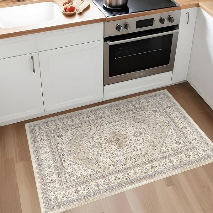 Washable Entryway 2x3 Rug: Small Boho Rugs for Indoor Entrance Non Slip Backing Stain Resistant Carpet Low Pile Throw Rugs for Bedroom Bedside Inside Front Door Floor Kitchen Decor(Beige,2x3FT)