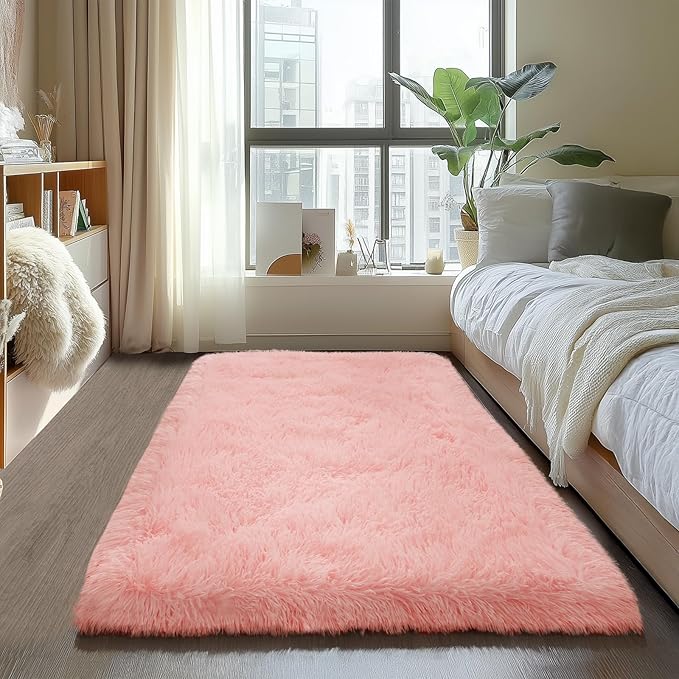 Zentavio Pink Rugs for Girls Room 3x5 Area Rugs for Living Room Small Carpet for Bedroom Cute Washable Soft Fluffy Shag Aesthetic Plush High Pile Throw Rug for Nursery Kids Room Dorm Room