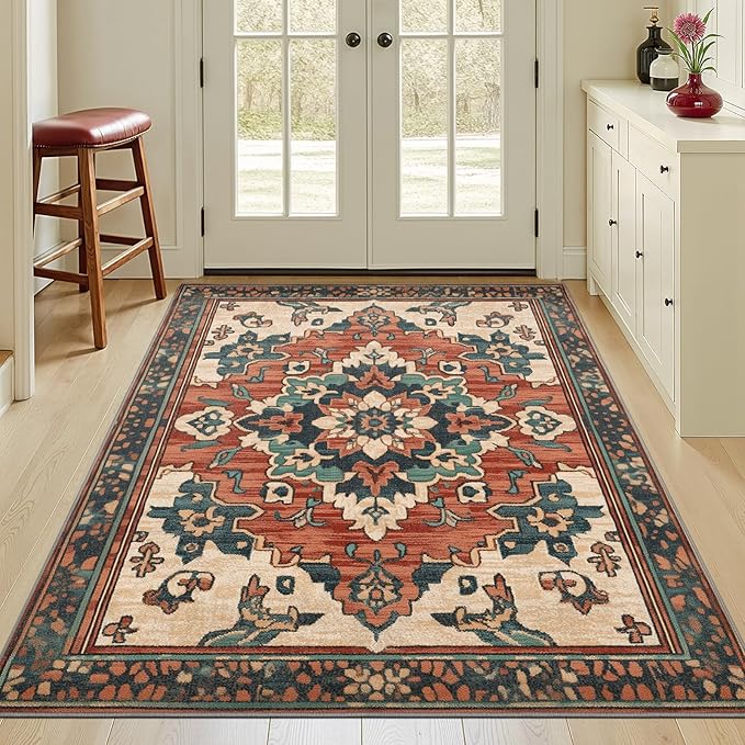 3x5 Machine Washable Non-Slip Area Rug & Mat - Soft Faux Wool & Polyester, Boho Stain-Resistant Indoor Throw Carpet for Entryway, Kitchen, Bathroom, Bedroom, Living, Low Pile, High Traffic