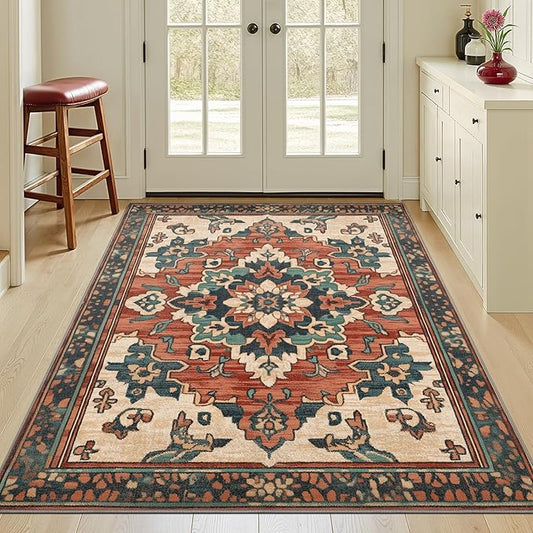 3x5 Machine Washable Non-Slip Area Rug & Mat - Soft Faux Wool & Polyester, Boho Stain-Resistant Indoor Throw Carpet for Entryway, Kitchen, Bathroom, Bedroom, Living, Low Pile, High Traffic