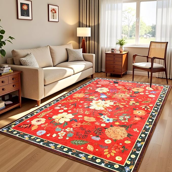4x6 Floral Rug for Girls Bedroom, Machine Washable Area Rugs with Non Slip Backingfor Living Room, Cute Flowers Carpet Kitchen Dining Room Kids Playroom Decor, Red