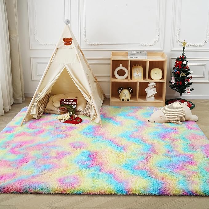Rainbow Fluffy Rug Shaggy Area Rug, 5x8 Area Rugs for Girls Bedroom, Soft Cute Baby Play Mat, Indoor Floor Carpet for Teen, Nursery, Preppy Dorm, Plush Aesthetic Bedside Rug