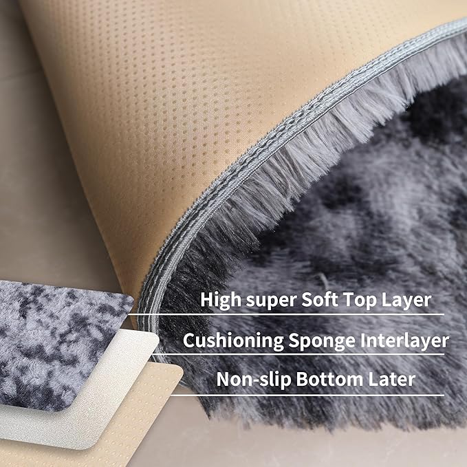 4x6 Dark Grey Fluffy Shag Rug for Bedroom, Soft Plush Fuzzy Washable Non Slip Floor Cozy Carpet for Living Room, Modern Comfy Furry Shaggy Area Rug for Kids Baby Nursery Dorm, Tie-Dye Gray