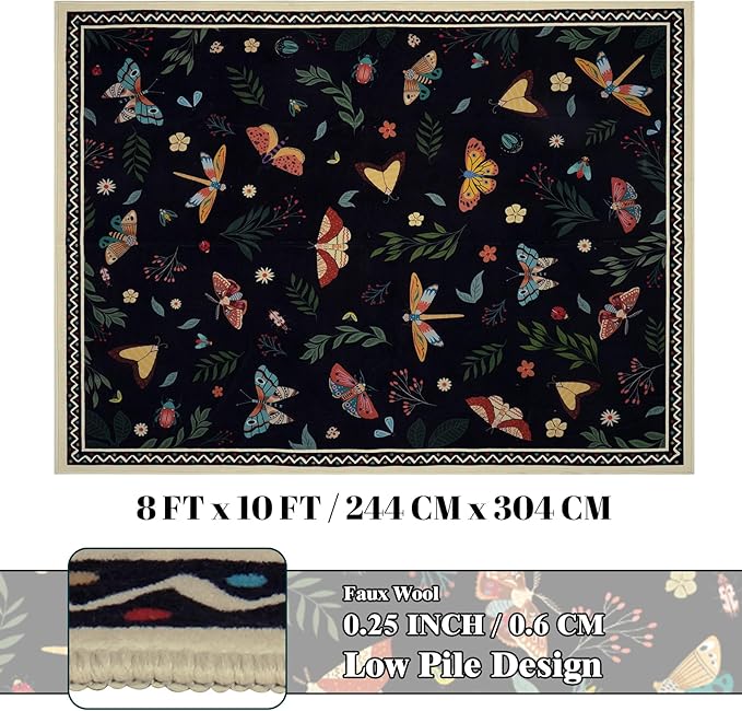 ASPMIZ Insect Area Rug 8X10 Living Room Rug, Spring Summer Washable Rug Non Slip, Farmhouse Butterfly Rugs for Living Room Low Pile, Soft Faux Wool Throw Carpet for Kids Room Dining Room, Black